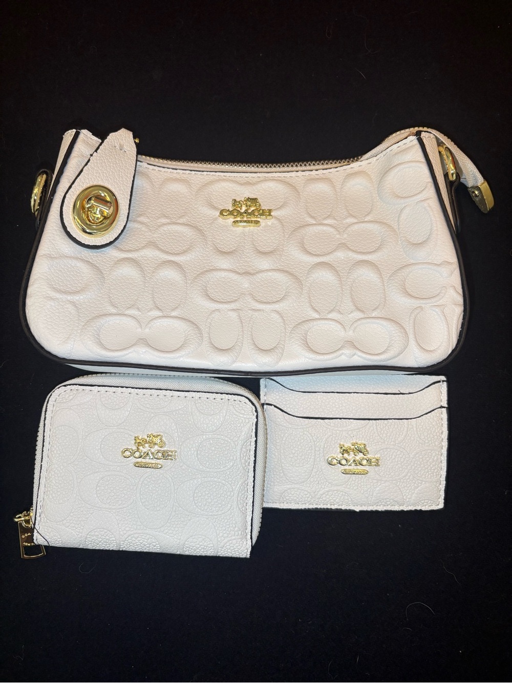 Coach White Signature Embossed Leather Shoulder Bag Set with Gold Hardware
